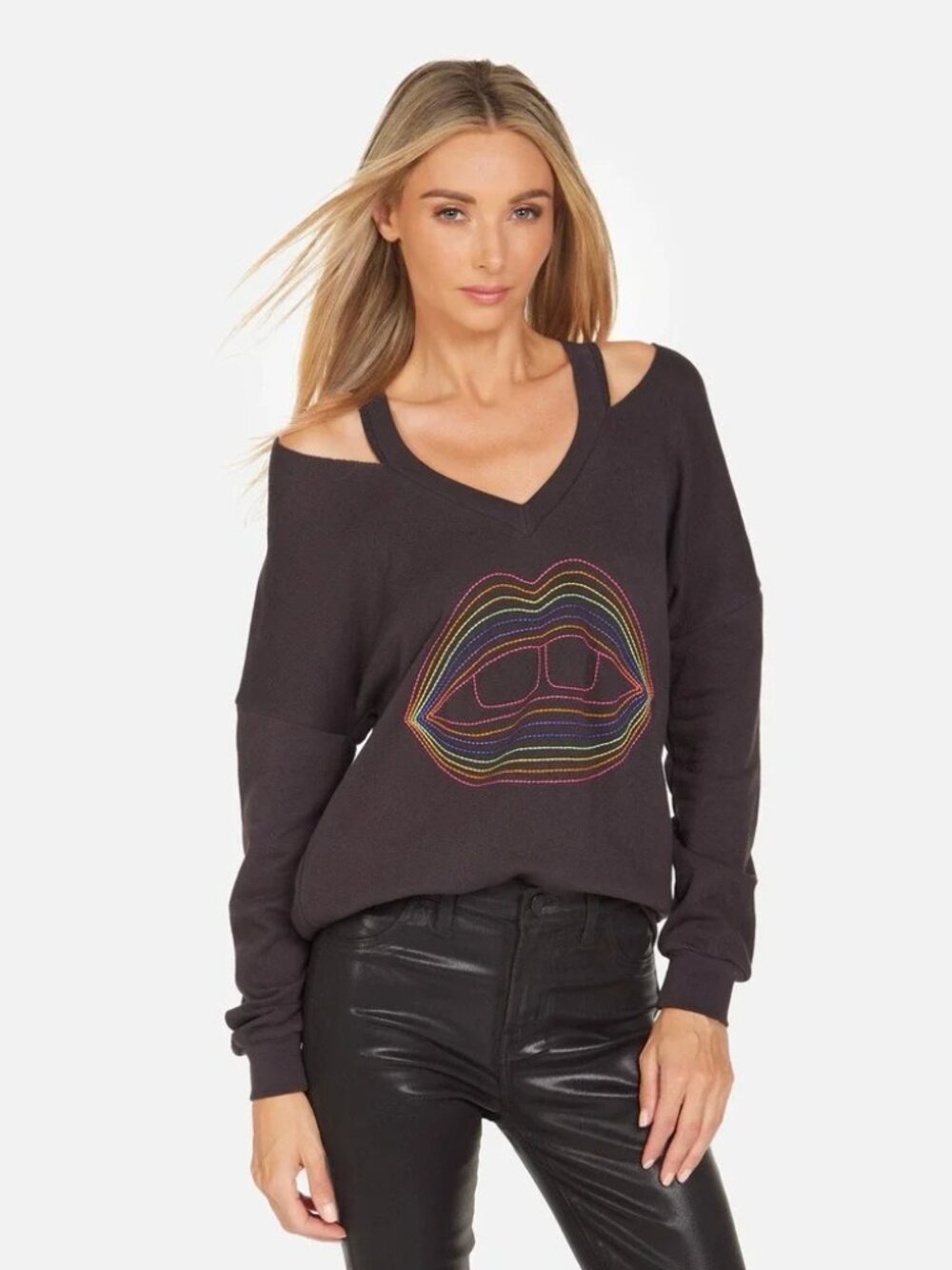 Lauren Moshi Patricia‎ Rainbow Lips Outline V Neck Cutout Sweatshirt Black - XL